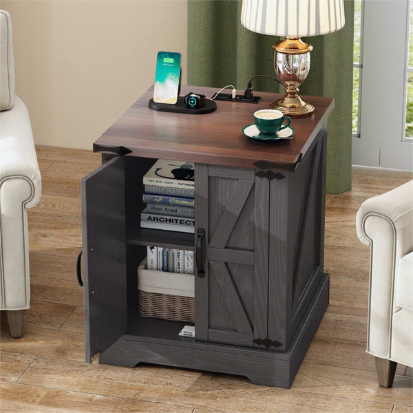 English Elm Farmhouse End Table with Barn Doors Built in Charging Station and Adjustable Cabinet Shelf Grey N721P472220E