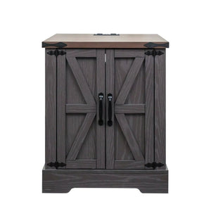 English Elm Farmhouse End Table with Barn Doors Built in Charging Station and Adjustable Cabinet Shelf Grey N721P472220E