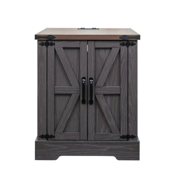 English Elm Farmhouse End Table with Barn Doors Built in Charging Station and Adjustable Cabinet Shelf Grey N721P472220E