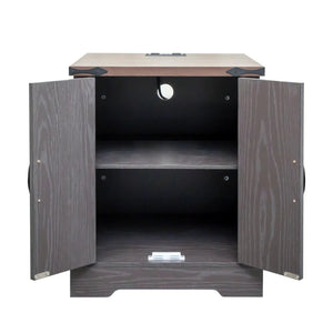 English Elm Farmhouse End Table with Barn Doors Built in Charging Station and Adjustable Cabinet Shelf Grey N721P472220E