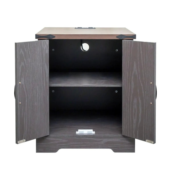 English Elm Farmhouse End Table with Barn Doors Built in Charging Station and Adjustable Cabinet Shelf Grey N721P472220E