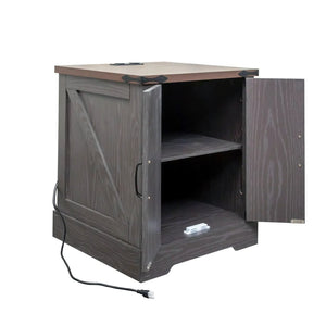 English Elm Farmhouse End Table with Barn Doors Built in Charging Station and Adjustable Cabinet Shelf Grey N721P472220E
