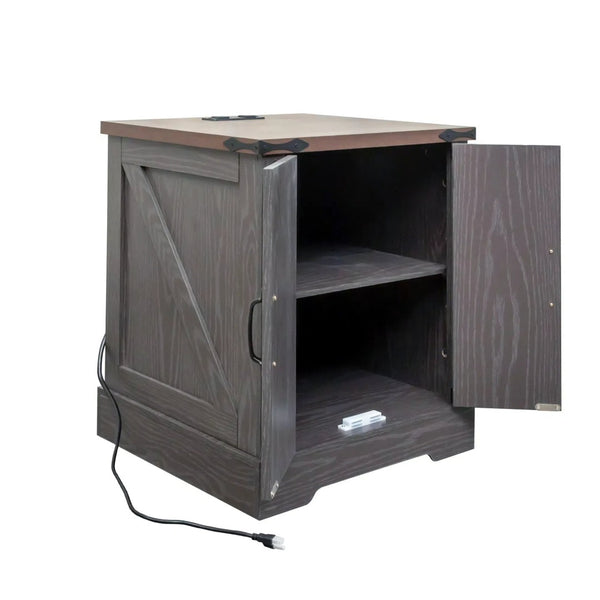 English Elm Farmhouse End Table with Barn Doors Built in Charging Station and Adjustable Cabinet Shelf Grey N721P472220E