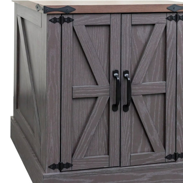 English Elm Farmhouse End Table with Barn Doors Built in Charging Station and Adjustable Cabinet Shelf Grey N721P472220E