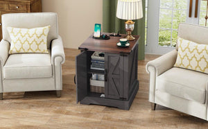 English Elm Farmhouse End Table with Barn Doors Built in Charging Station and Adjustable Cabinet Shelf Grey N721P472220E