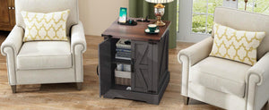 English Elm Farmhouse End Table with Barn Doors Built in Charging Station and Adjustable Cabinet Shelf Grey N721P472220E