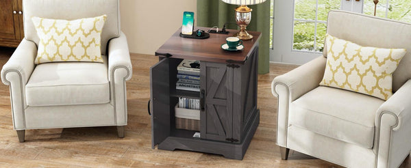 English Elm Farmhouse End Table with Barn Doors Built in Charging Station and Adjustable Cabinet Shelf Grey N721P472220E