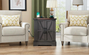 English Elm Farmhouse End Table with Barn Doors Built in Charging Station and Adjustable Cabinet Shelf Grey N721P472220E
