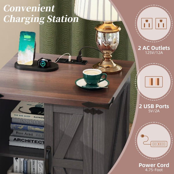 English Elm Farmhouse End Table with Barn Doors Built in Charging Station and Adjustable Cabinet Shelf Grey N721P472220E