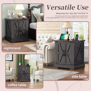 English Elm Farmhouse End Table with Barn Doors Built in Charging Station and Adjustable Cabinet Shelf Grey N721P472220E
