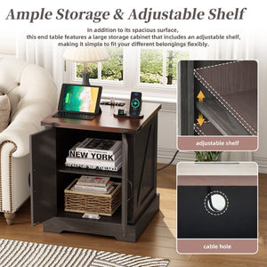 English Elm Farmhouse End Table with Barn Doors Built in Charging Station and Adjustable Cabinet Shelf Grey N721P472220E