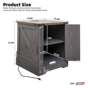 English Elm Farmhouse End Table with Barn Doors Built in Charging Station and Adjustable Cabinet Shelf Grey N721P472220E