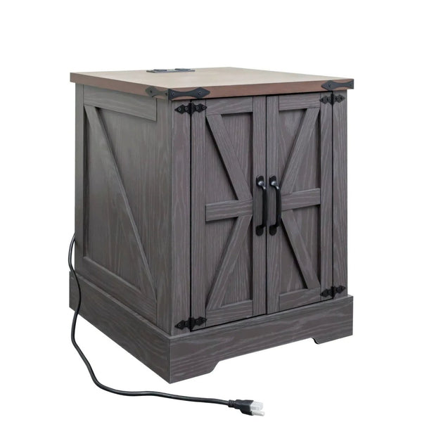 English Elm Farmhouse End Table with Barn Doors Built in Charging Station and Adjustable Cabinet Shelf Grey N721P472220E