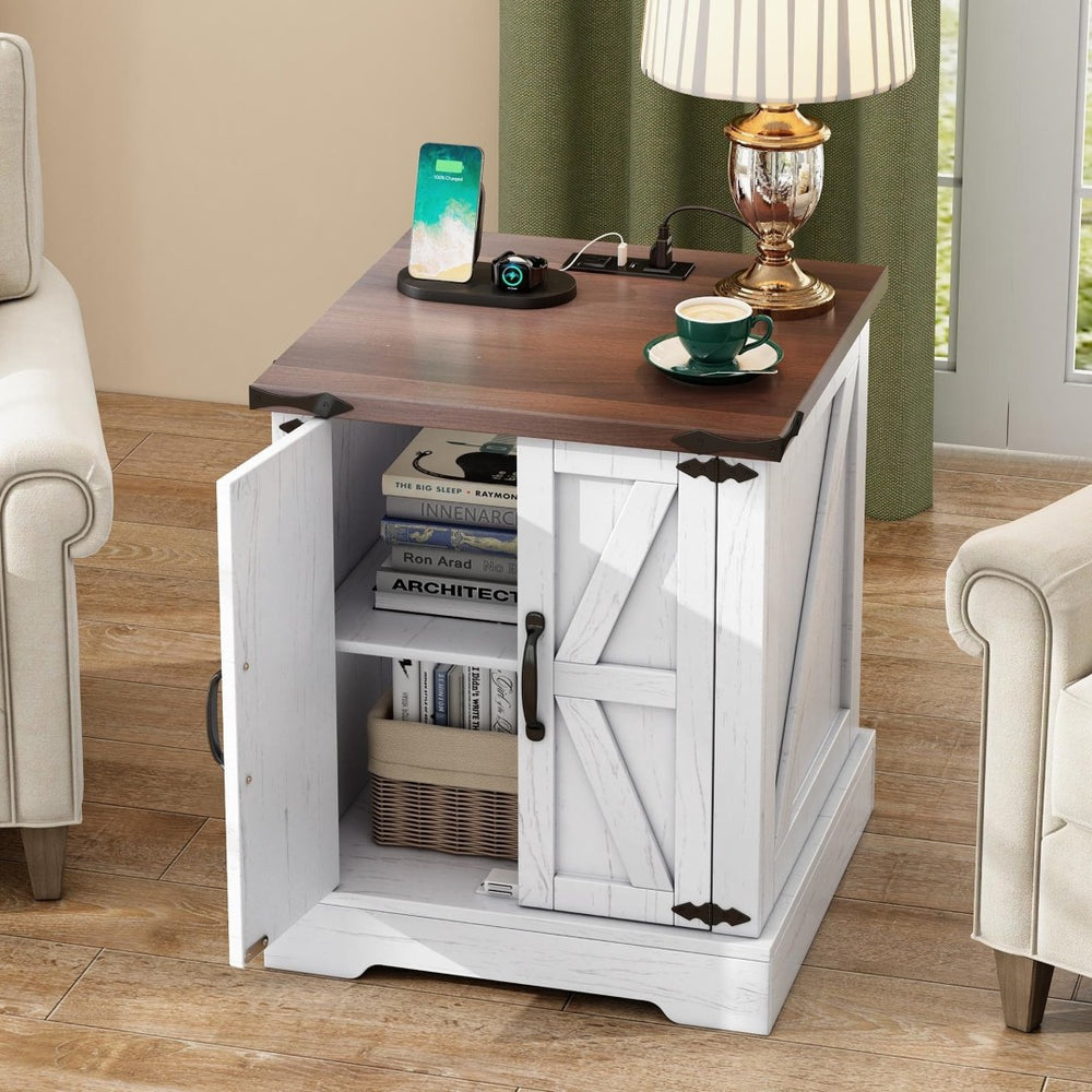 English Elm Farmhouse End Table with Barn Doors Built in Charging Station and Adjustable Cabinet Shelf White + Deep Walnut N721P472220K