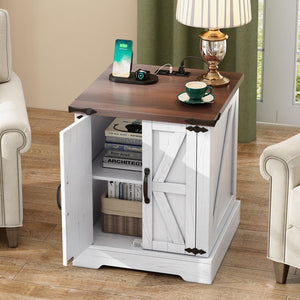 English Elm Farmhouse End Table with Barn Doors Built in Charging Station and Adjustable Cabinet Shelf White + Deep Walnut N721P472220K