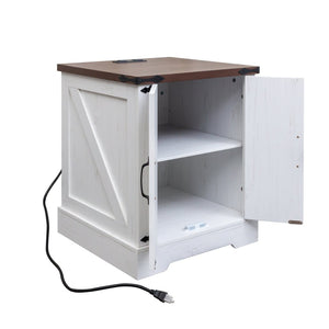 English Elm Farmhouse End Table with Barn Doors Built in Charging Station and Adjustable Cabinet Shelf White + Deep Walnut N721P472220K
