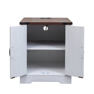 English Elm Farmhouse End Table with Barn Doors Built in Charging Station and Adjustable Cabinet Shelf White + Deep Walnut N721P472220K