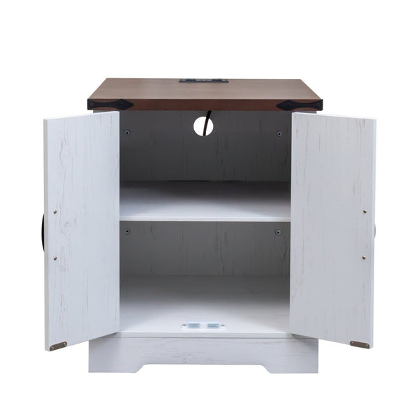 English Elm Farmhouse End Table with Barn Doors Built in Charging Station and Adjustable Cabinet Shelf White + Deep Walnut N721P472220K