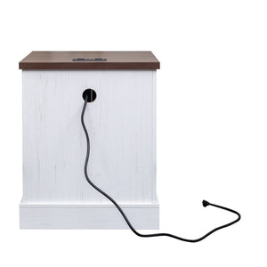 English Elm Farmhouse End Table with Barn Doors Built in Charging Station and Adjustable Cabinet Shelf White + Deep Walnut N721P472220K