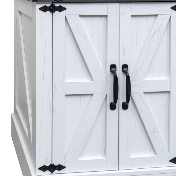 English Elm Farmhouse End Table with Barn Doors Built in Charging Station and Adjustable Cabinet Shelf White + Deep Walnut N721P472220K
