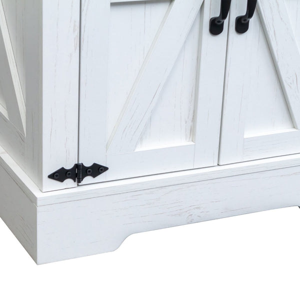 English Elm Farmhouse End Table with Barn Doors Built in Charging Station and Adjustable Cabinet Shelf White + Deep Walnut N721P472220K