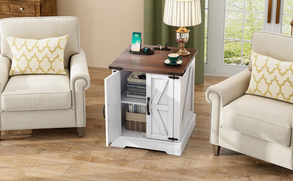 English Elm Farmhouse End Table with Barn Doors Built in Charging Station and Adjustable Cabinet Shelf White + Deep Walnut N721P472220K
