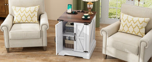 English Elm Farmhouse End Table with Barn Doors Built in Charging Station and Adjustable Cabinet Shelf White + Deep Walnut N721P472220K