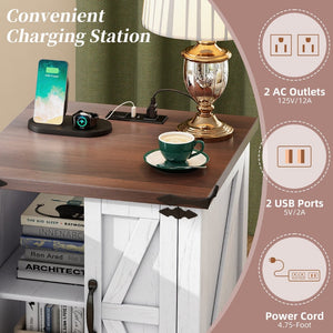 English Elm Farmhouse End Table with Barn Doors Built in Charging Station and Adjustable Cabinet Shelf White + Deep Walnut N721P472220K