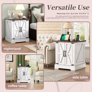 English Elm Farmhouse End Table with Barn Doors Built in Charging Station and Adjustable Cabinet Shelf White + Deep Walnut N721P472220K