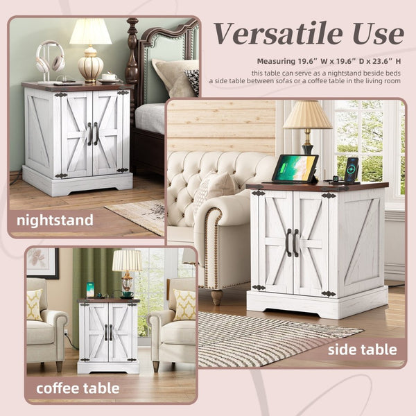 English Elm Farmhouse End Table with Barn Doors Built in Charging Station and Adjustable Cabinet Shelf White + Deep Walnut N721P472220K