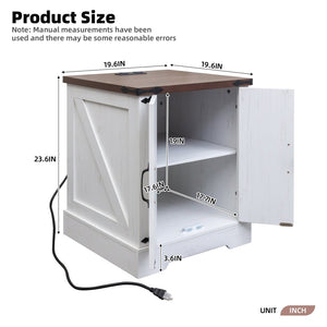 English Elm Farmhouse End Table with Barn Doors Built in Charging Station and Adjustable Cabinet Shelf White + Deep Walnut N721P472220K