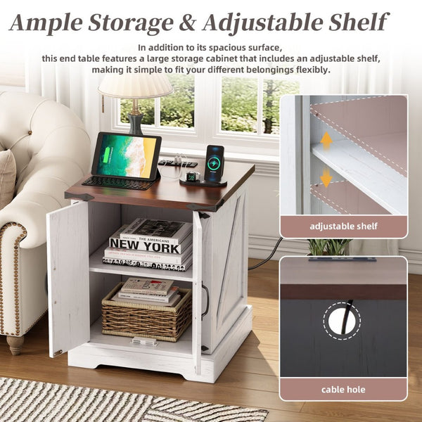 English Elm Farmhouse End Table with Barn Doors Built in Charging Station and Adjustable Cabinet Shelf White + Deep Walnut N721P472220K