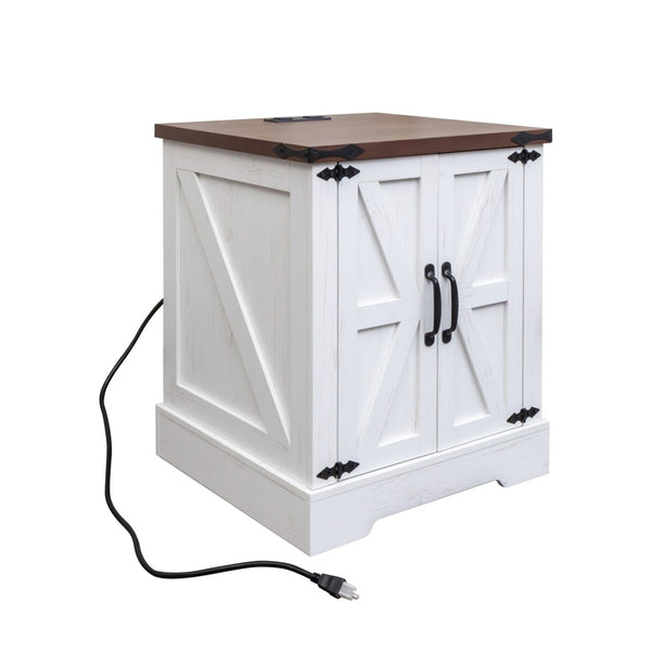 English Elm Farmhouse End Table with Barn Doors Built in Charging Station and Adjustable Cabinet Shelf White + Deep Walnut N721P472220K