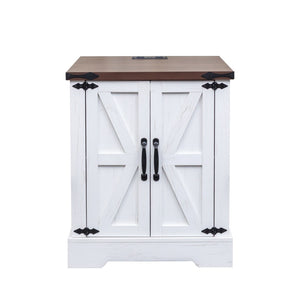 English Elm Farmhouse End Table with Barn Doors Built in Charging Station and Adjustable Cabinet Shelf White + Deep Walnut N721P472220K