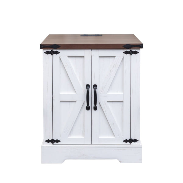 English Elm Farmhouse End Table with Barn Doors Built in Charging Station and Adjustable Cabinet Shelf White + Deep Walnut N721P472220K
