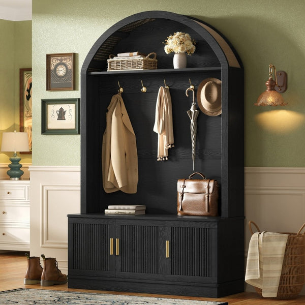 English Elm Farmhouse Fluted Cabinet Hall Tree with Arched Fabric Top Bench and Five Metal Hooks Black N721P473132B