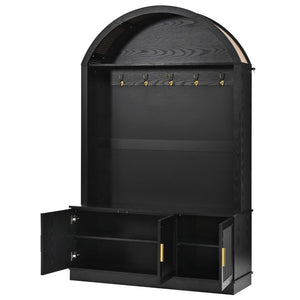 English Elm Farmhouse Fluted Cabinet Hall Tree with Arched Fabric Top Bench and Five Metal Hooks Black N721P473132B