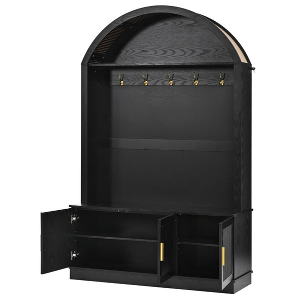 English Elm Farmhouse Fluted Cabinet Hall Tree with Arched Fabric Top Bench and Five Metal Hooks Black N721P473132B