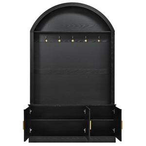 English Elm Farmhouse Fluted Cabinet Hall Tree with Arched Fabric Top Bench and Five Metal Hooks Black N721P473132B