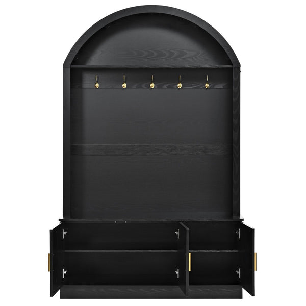 English Elm Farmhouse Fluted Cabinet Hall Tree with Arched Fabric Top Bench and Five Metal Hooks Black N721P473132B