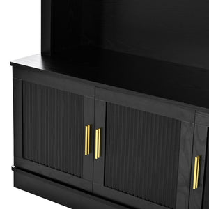 English Elm Farmhouse Fluted Cabinet Hall Tree with Arched Fabric Top Bench and Five Metal Hooks Black N721P473132B