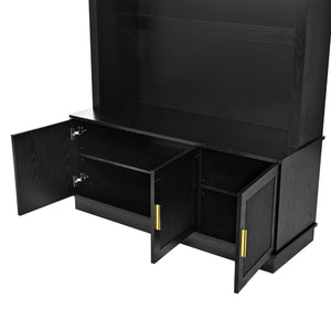 English Elm Farmhouse Fluted Cabinet Hall Tree with Arched Fabric Top Bench and Five Metal Hooks Black N721P473132B