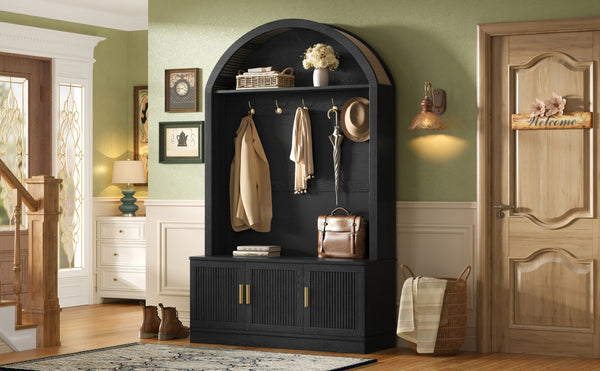 English Elm Farmhouse Fluted Cabinet Hall Tree with Arched Fabric Top Bench and Five Metal Hooks Black N721P473132B