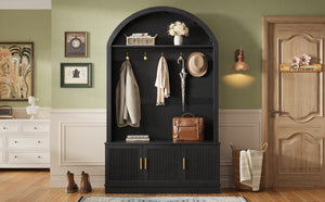 English Elm Farmhouse Fluted Cabinet Hall Tree with Arched Fabric Top Bench and Five Metal Hooks Black N721P473132B