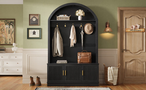 English Elm Farmhouse Fluted Cabinet Hall Tree with Arched Fabric Top Bench and Five Metal Hooks Black N721P473132B