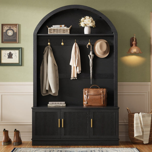English Elm Farmhouse Fluted Cabinet Hall Tree with Arched Fabric Top Bench and Five Metal Hooks Black N721P473132B