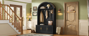 English Elm Farmhouse Fluted Cabinet Hall Tree with Arched Fabric Top Bench and Five Metal Hooks Black N721P473132B