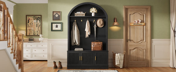 English Elm Farmhouse Fluted Cabinet Hall Tree with Arched Fabric Top Bench and Five Metal Hooks Black N721P473132B