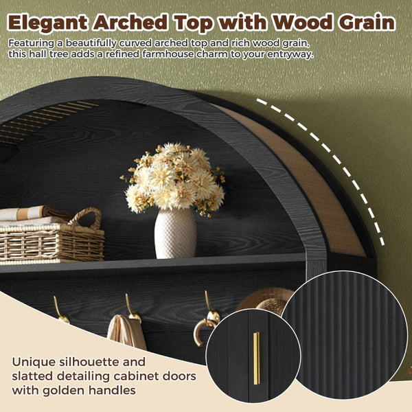 English Elm Farmhouse Fluted Cabinet Hall Tree with Arched Fabric Top Bench and Five Metal Hooks Black N721P473132B