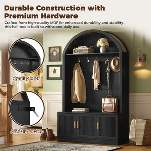 English Elm Farmhouse Fluted Cabinet Hall Tree with Arched Fabric Top Bench and Five Metal Hooks Black N721P473132B
